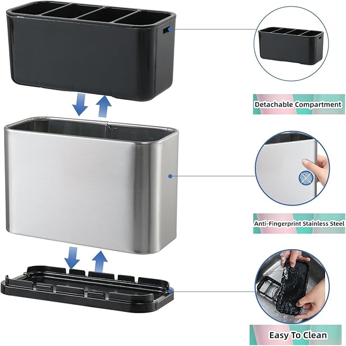 Utensil Holder,Stainless Steel Caddy Counter,Spoon holder,4 Compartments Silverware Caddy,Capacity Flatware Spoon Fork Tool Cutlery Holder（Silvery）