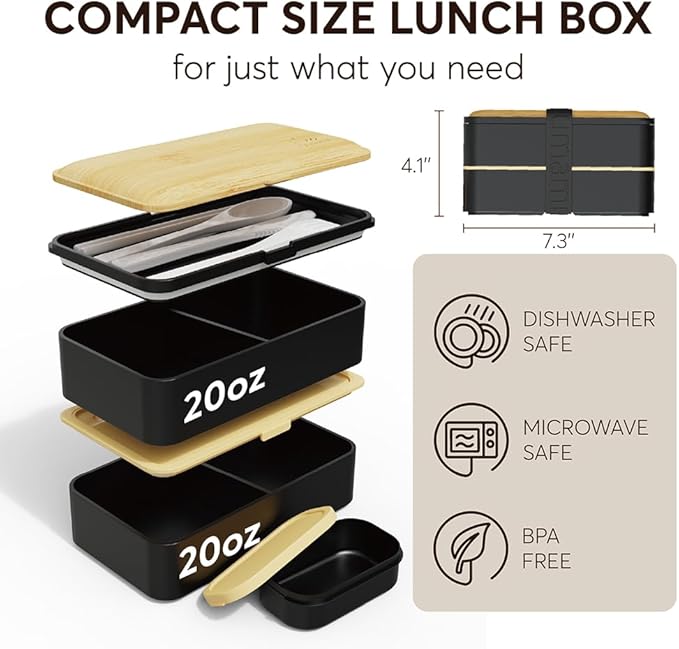 Umami Bento Box Adult All-In-1 w/4 Utensils, Big Sauce Jar, 2 Dividers, 100% Leakproof, Microwave & Dishwasher Safe Stackable Bento Lunch Box Containers for Men/Women, Black & Bamboo, 40 oz