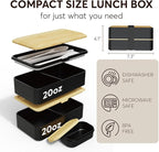 Umami Bento Box Adult All-In-1 w/4 Utensils, Big Sauce Jar, 2 Dividers, 100% Leakproof, Microwave & Dishwasher Safe Stackable Bento Lunch Box Containers for Men/Women, Black & Bamboo, 40 oz