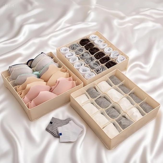 3 Pack Sock and Underwear Drawer Organizer 16 Cell Sock Holders For Closet Organization and Storage Dividers,Foldable(Beige)