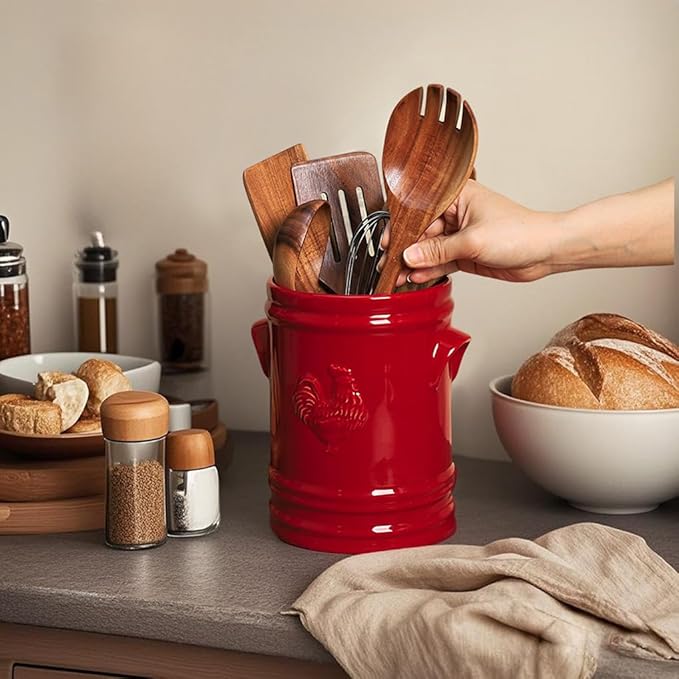 WAIT FLY Embossed Rooster Porcelain Kitchen Utensil Holder Flatware Storage Organizer Utensil Crock for Countertop Kitchen Counter Decor-Red-1 PCS