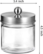 SheeChung 2-Pack Brushed Nickel Mason Jar Qtip Holder - Glass Apothecary Jars Bathroom Organizer - Rust-Proof Stainless Steel Lid for Cotton Swabs, Balls, Pads, Flossers - Modern Farmhouse Decor