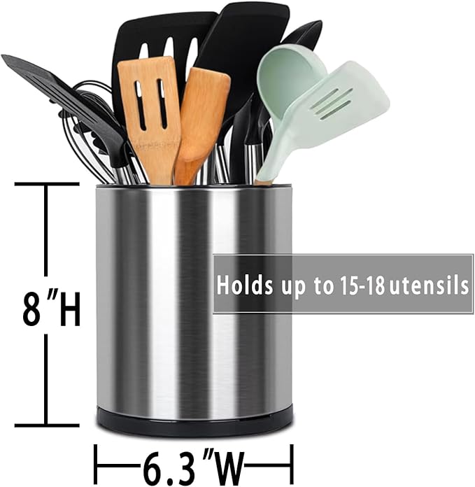 Kitchen Utensil Holder, Extra Large 360° Rotating Cooking Utensil Holder for Countertop, Stainless Steel Organizer Silverware Caddy 3 Compartment Flatware with Removable Base（Silvery）