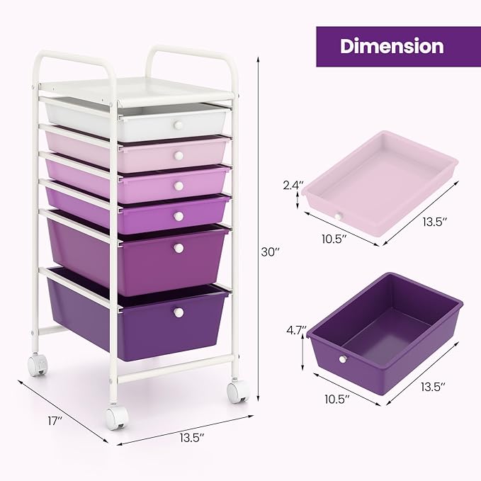 Giantex 6 Storage Drawer Cart Rolling Organizer Cart for Tools Scrapbook Paper Home Office School Multipurpose Mobile Utility Cart, Purple Gradient
