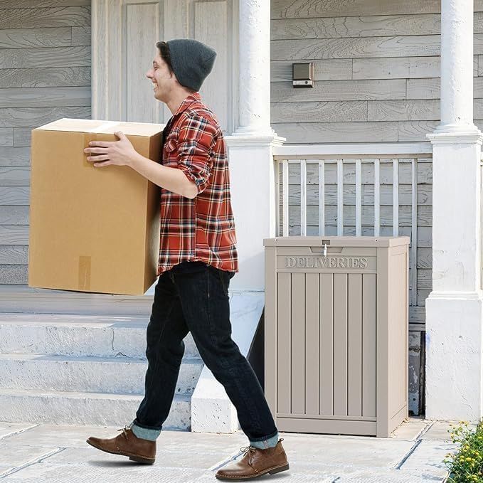 57 Gallon Resin Package Delivery Box - Rust & Moisture Resistant, Lockable, Waterproof Deck Box for Porches, Patios, Indoor & Outdoor Use（Grey，57GALLON）