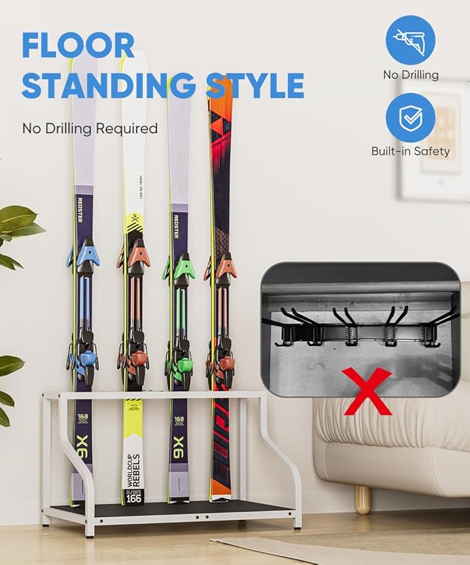 Ski Storage Rack for Garage — Freestanding Ski Holder for 4 Pair Skis, Boot, Helmet, Goggles, Indoor Snowboard Rack Organizer Stand for Home, Shed, Basement, White