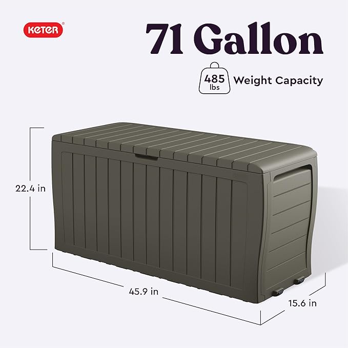 Keter Marvel Plus 71 Gallon Resin Outdoor Storage Box for Patio Furniture Cushions, Throw Pillows, Garden Tools and Pool Floats, Taupe