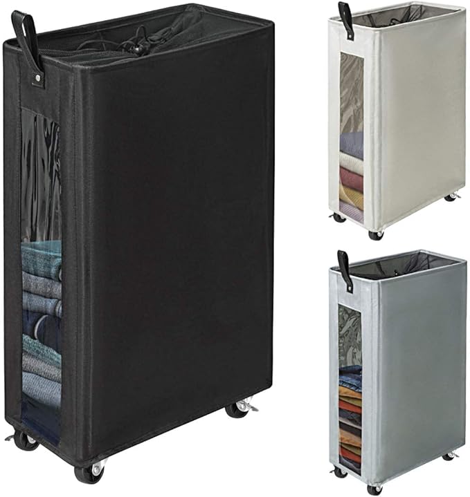 ZERO JET LAG 25 Inches Slim Laundry Storage Hamper - Large Rolling Clothes Hamper - Rolling Storage Bin - Tall Corner Basket - Clear Window Visible - Dirty Laundry Bin - (Black)