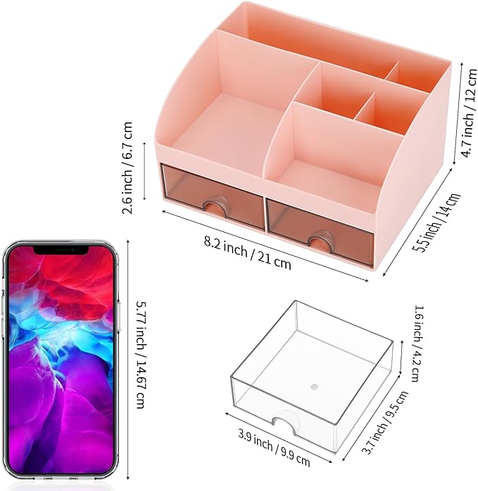 Office Desk Organizer with Drawers for Desktop/Tabletop/Counter, Desk Top Accessories Stationary Organizer Desk Caddy, Pen/Pencil/Business Card/Sticky Note Tray/Paperclip Holder Storage Box (Pink)