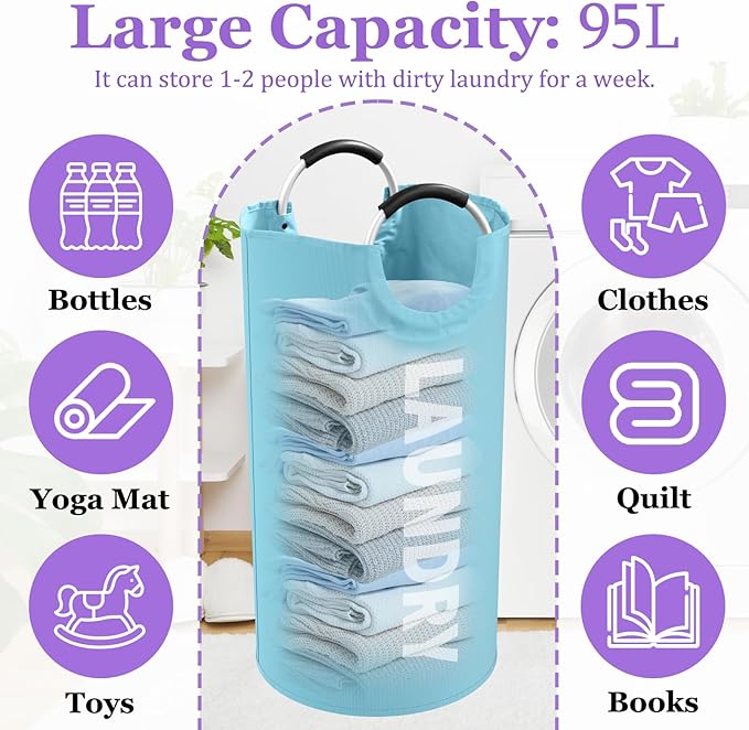 95L Foldable Blue Laundry Basket with Handles, Big Clothes Hamper for Bedroom, Dirty Clothes Basket Stand Upright, Portable Laundry Bag for Dorm, Nursery, Family, Blue