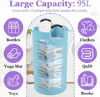 95L Foldable Blue Laundry Basket with Handles, Big Clothes Hamper for Bedroom, Dirty Clothes Basket Stand Upright, Portable Laundry Bag for Dorm, Nursery, Family, Blue