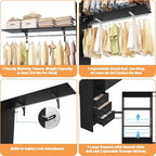 Armocity 120 Inches Closet System, 10FT Walk In Closet Organizer with 3 Shelving Towers, Heavy Duty Clothes Rack with 3 Drawers, Built-In Garment Rack, 120" L x 16" W x 75" H, Max Load 1300 LBS, Black