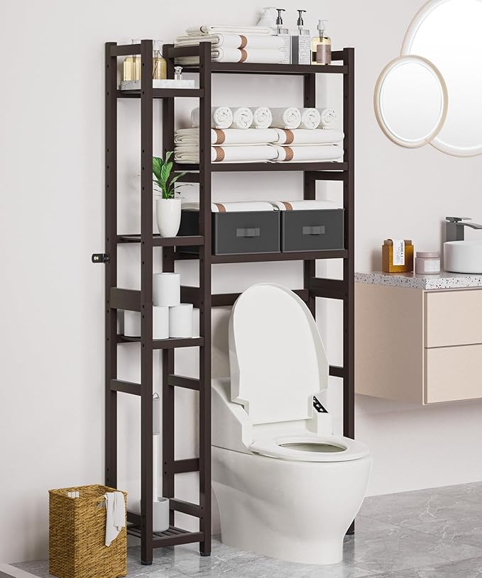 Homde Over The Toilet Storage with Basket and Drawer, Bamboo Bathroom Organizer with Adjustable Shelf & Waterproof Feet Pad, Space Saver Rack for Restroom, Laundry, Brown