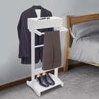 Mens Valet Stand with Shoe Shelf, Coat Hanger and Hat Rack, Freestanding Suit Stand and Clothes Butler with Storage Organizer, Clothes Stand with Storage for Entryway, Living Room (White)