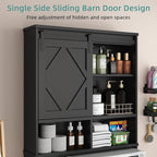 Over the Toilet Storage Cabinet with Farmhouse Sliding Barn Door, Above Toilet Organizer with Toilet Paper Holder Stand, Behind Toilet Shelf, Space Saver for Restroom, Bathroom, Laundry, Black
