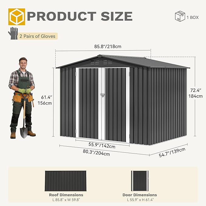 DWVO 7x5FT Outdoor Storage Shed, Roomy Steel Tool Shed with Secure Entrances & Air Circulation for Patio, Lawn, and Backyard, Ideal for Storing Garden Gear, Lawn Tools, and Bikes, Dark Gray