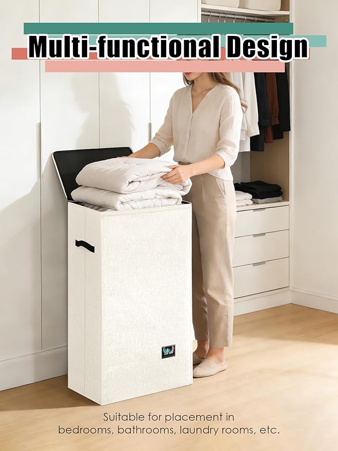 Laundry Hamper with Lid, Reinforced Sturdy Clothes Hamper with Anti-Puncture Base, Large Collapsible Laundry Basket with Removable Liner Bag, Tall Dirty Clothes Bin for Family, 100L Cream