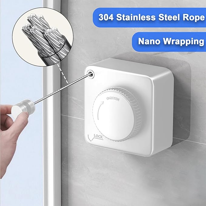 Retractable Clothesline Indoor & Outdoor, 16.2 Ft Non-Sagging Stainless Steel Laundry Washing Line with Wall Mounted Heavy Duty Design, Space-Saving Clothing Drying Rack (1, White)