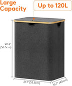Lifewit 120L Laundry Basket with Lid, Clothes Hampers for Laundry with Bamboo Handles and 2 Removable Bag, Large Foldable Laundry Hamper for Bedroom, Bathroom, Dorm, Laundry Room, Dark Gray