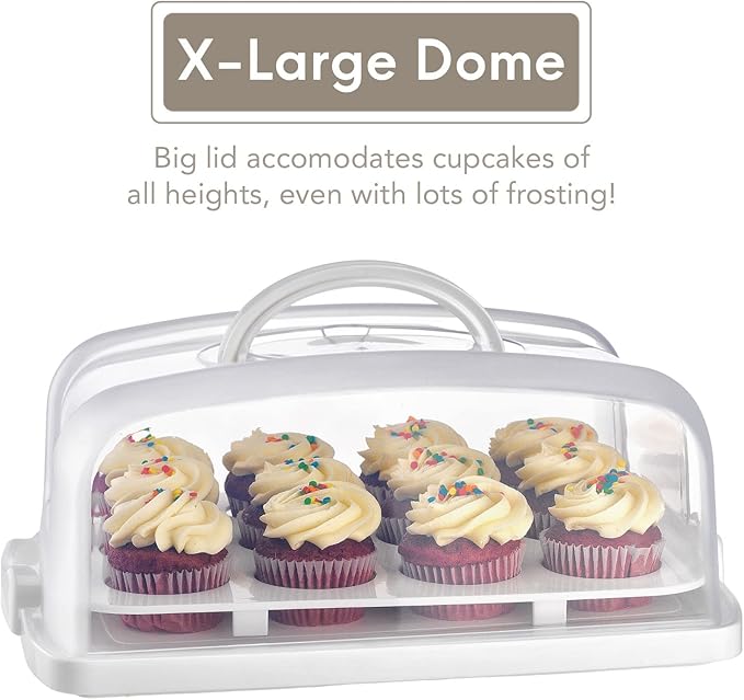 MosJos 2in1 Cupcake Carrier and Cake Keeper with Lid, Cupcake Box to Fit 12, Sturdy, BPA-Free Cupcake Holder with Two Secure Side Closures, Dishwasher Safe (White)
