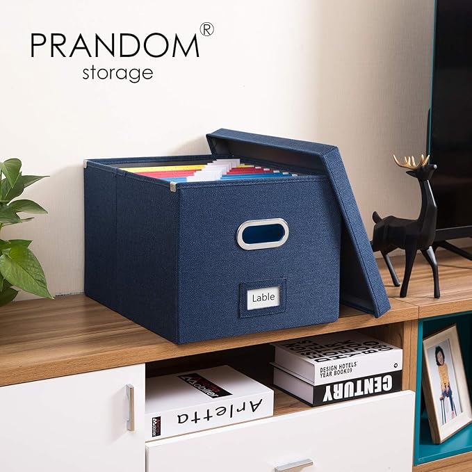 PRANDOM File Organizer Box - Set of 4 Collapsible Decorative Linen Filing Storage Hanging File Folders with Lids Office Cabinet Letter/Legal Size Navy Blue 17.1x14x11.1 inch