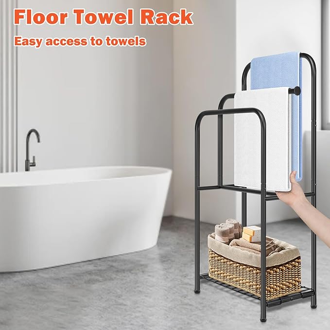 HarJue Towel Racks for Bathroom, 35" H Standing Towel Holder 3 Tier Metal Pool Towel Hanger Outdoor Floor with Storage Shelves for Blanket Bath Towel Drying (Matte Black)