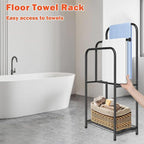 HarJue Towel Racks for Bathroom, 35" H Standing Towel Holder 3 Tier Metal Pool Towel Hanger Outdoor Floor with Storage Shelves for Blanket Bath Towel Drying (Matte Black)