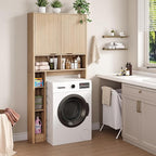 31''W Over The Toilet Storage Cabinet with Fluted Door, Oak Bathroom Organizer with Adjustable Shelf, 67''H Tall Natural Toilet Paper Holder Stand Wave Door for Restroom, Laundry Room