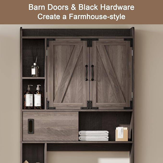 ChooChoo Over The Toilet Storage Cabinet, Farmhouse Bathroom Storage Cabinet with Sliding Door, Over Toilet Storage with Adjustable Shelves, Space-Saving, Grey