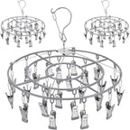 3 Pack Stainless Steel Foldable Round Hanging Drying Rack with 24 Clips, Swivel Hook Wind-Proof Clothes Hanger, Clothes Drying Rack for Laundry, Sock, Bras, Underwear, Laundry Accessories