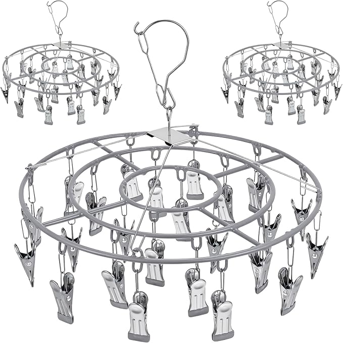 3 Pack Stainless Steel Foldable Round Hanging Drying Rack with 24 Clips, Swivel Hook Wind-Proof Clothes Hanger, Clothes Drying Rack for Laundry, Sock, Bras, Underwear, Laundry Accessories