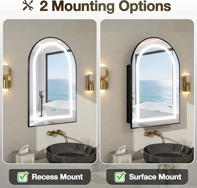 Arched Medicine Cabinet Mirror No Assembly Needed Bathroom Mirror with Storage Recessed or Surface Mount Options (Black-LED, 36" L x 24" W)