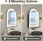 Arched Medicine Cabinet Mirror No Assembly Needed Bathroom Mirror with Storage Recessed or Surface Mount Options (Black-LED, 36" L x 24" W)