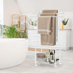 HAITRAL 3 Tiers Standing Towel Rack, 42" H Bathroom Towel Holder with Basket, 360 ° Rotating Casters with Lock, Freestanding Towel Rack for Bathroom, Laundry, Swimming Pool, Livingroom (White)