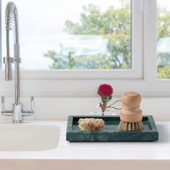 Natural Small Marble Vanity Tray, Luxury Stone Organizer for Bathroom & Kitchen | Holds Soap Dispenser, Jewelry, Perfume | Non-Resin, Non-Ceramic Décor (Green, Mini (7.9" x 4.3" x 0.78"))