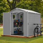 Devoko 6x8 FT Resin Storage Shed with Floor, Outdoor Plastic Garden Shed with Window, Waterproof Tool Storage Shed with Lockable Door for Backyard, Patio, Lawn, Light Gray