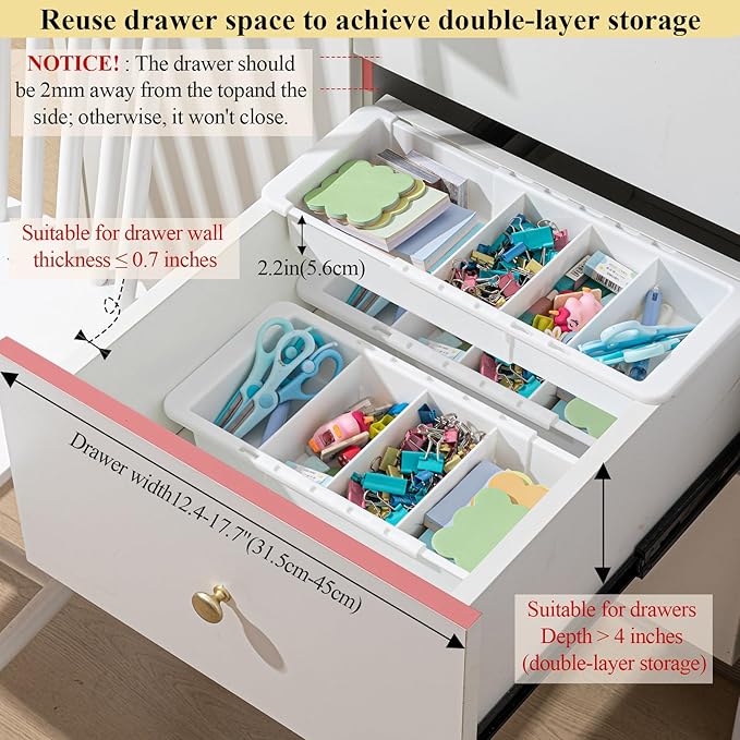 2 Pcs Expandable Drawer Organizer Bins Adjustable Deep Drawer Hanging Organizer Tray Expandable 11.4 to 18.1 Inches Plastic Dividers Storage for Office Bathroom Bedroom Kitchen Desk, White