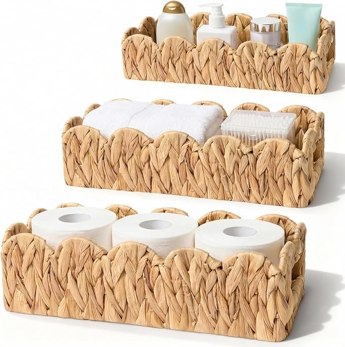 3Pack Toilet Paper Basket for Organizing Scalloped Edge Wicker Basket with Handles Toilet Tank Paper Holder Storage for Bathroom Bedroom Countertop Shelf Decor(Natural Color,Water Hyacinth)