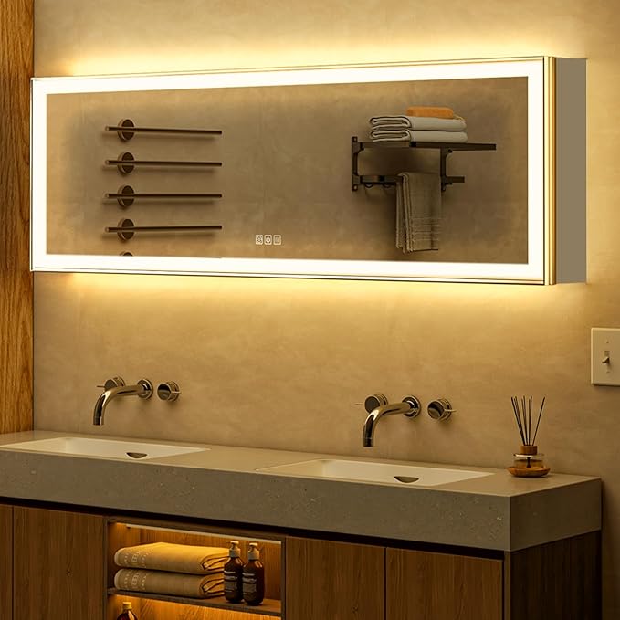 60x20 Beveled Brushed Nickel Aluminum Framed Medicine Cabinet with Flip-up Mirror Door, Surface or Recessed Dimmable Lighted Medicine Cabinet with Defogger, Outlet, and Sensor Inner Light