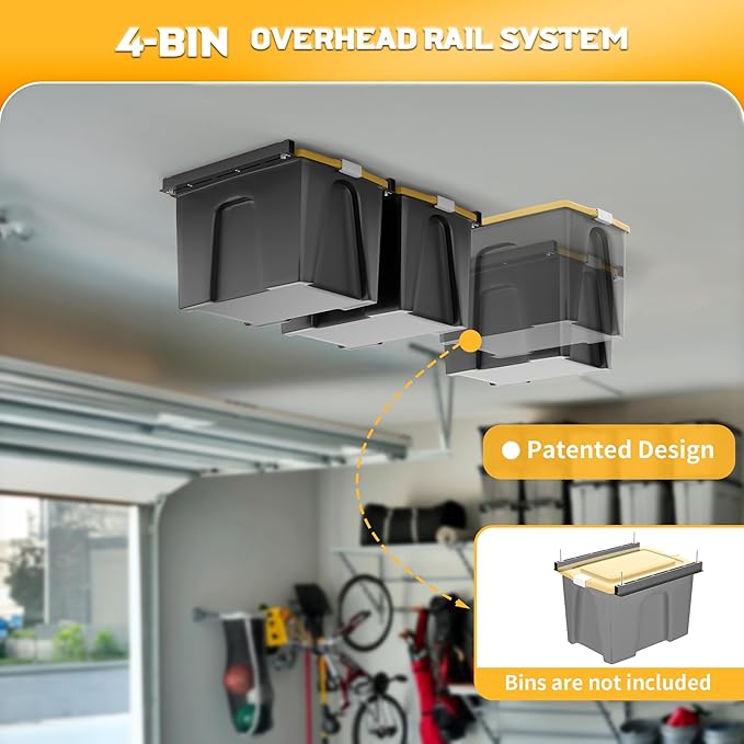 WALMANN Overhead Tote Storage Rails, Heavy Duty Garage Ceiling Bin Storage Rack Adjustable Garage Tote Slide Rail(5 Pack for 4 Bins, Bins Are Not Included)