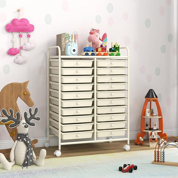 GOFLAME 20-Drawer Rolling Storage Cart, Multifunctional Art Craft Organizer, Mobile Utility Storage with Removable Drawers & Lockable Wheels, Craft Cart for Home Office, White