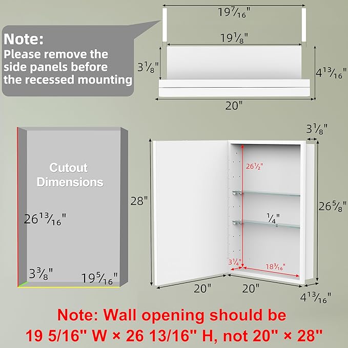 Buruis 20" x 28" Framed Medicine Cabinet with Mirror, Recessed or Wall Mounted Bathroom Cabinet, Adjustable Tempered Glass Shelves, Left/Right Open Reversible, No Assembly Required, White