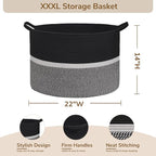 CHICVITA Extra Large Laundry Basket, Woven Rope Blanket Basket for Towels, Clothes, Toy Storage, Pillow Basket for Living Room, Family Room, 22 x 22 x 14 inches, Black