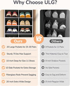 ULG Over The Door Shoe Organizer for Closet Fit 24-32 Pairs with Large Deep Pockets, Narrow Shoe Rack for Door Hanging Boots Storage, Black