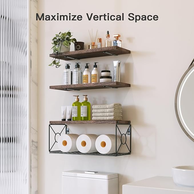 Amada Bathroom Shelves Over Toilet with Storage Basket, Floating Wall Shelf for Home Organization & Wall Decor, Bathroom/Kitchen/Living Room Shelves–Rustic Brown | with Storage Basket, Wall Decor, Bathroom, Kitchen, Living Room
