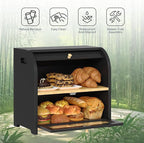 HOOBRO Bread Box, Bamboo Bread Box for Kitchen Countertop, 2 Tier Roll-Top Bread Bin, Food Storage Box, Large Capacity Keeper, Wooden Storage Cabinet, for Kitchen, Dining Room, Black BK13MB01