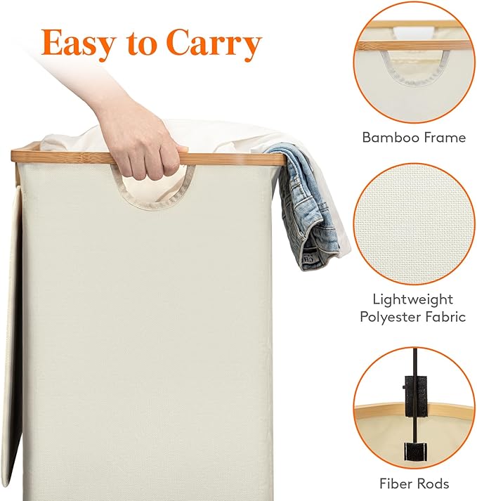 Lifewit 120L Double Laundry Hamper with Lid, Large Laundry Basket with Removable Bag & Bamboo Handles, Fodable Tall Dirty Clothes Hamper for Laundry Collapsible Bin for Bathroom Bedroom Dorm, Beige