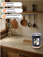 BUBBLE-FLY Modern Kitchen Utensil Holder with Drainage, Black and Wood Base, 3 Compartment Divided Organizer for Spoons Forks Knives, Countertop Caddy for Cooking Tools and Cutlery Storage- Non-Slip