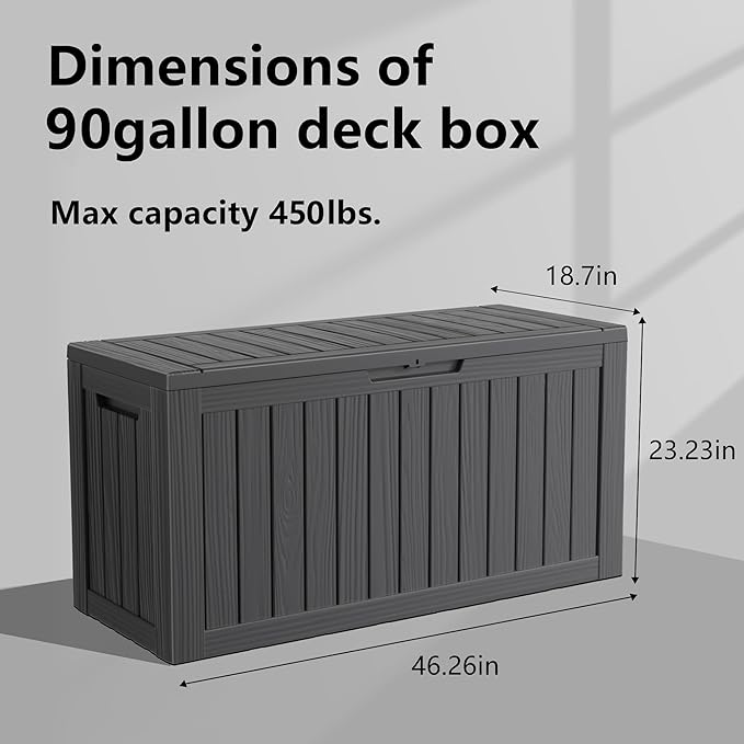EasyUp 90 Gallon Outdoor Storage Box Waterproof, UV Resistant Resin Deck Box with Hydraulic Rod, Reinforced Stability for Patio, Garden, Striped Black