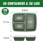 50 Pack (100-Piece) 32 oz Meal Prep Containers Reusable with Lids 3-Compartment, To Go Take Out Plastic Food Storage Containers, Sturdy Leakproof Food Safe, Microwave Freezer Dishwasher Safe, Green